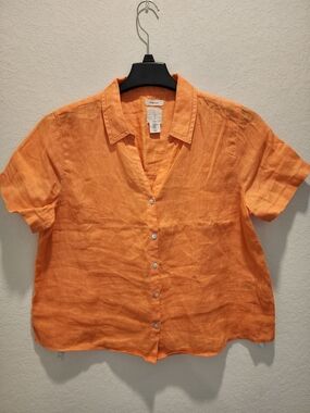 Joie Orange Short-Sleeve Linen Button-Down Shirt